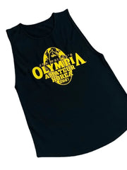 Black Olympia Graphic Muscle Tank with yellow text and globe graphic.