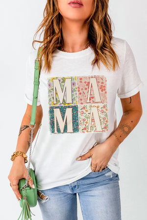 White floral collage mama graphic tee with short sleeves and a crew neck.