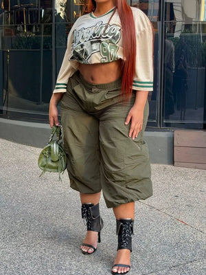 Baggy Cargo Cropped Pants in Army Green, front view