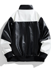 Black and white colorblock leather jacket with a stand-up collar and ribbed cuffs.