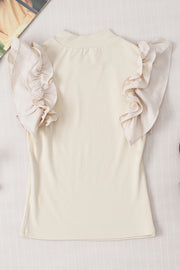 Beige ribbed mock neck top with sheer ruffled sleeves.