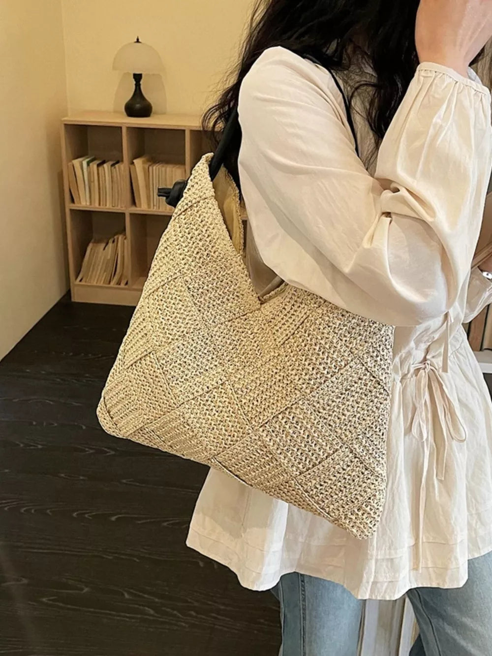 Woven Straw Shoulder Bag in Cream White, model styling view