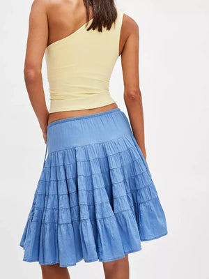 Tiered drawstring mini skirt in Sky Blue with ruffled tiers.