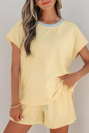 Yellow ribbed cotton two-piece set with crew neck top and drawstring shorts