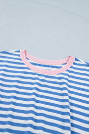 Nautical stripe mini dress in cotton with pink neckline detail