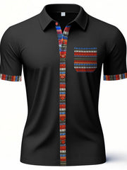 Black cotton short sleeve men's shirt with colorful trim on placket, pocket, and sleeves.