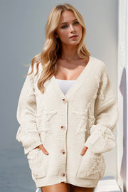 Beige textured starburst pocket cardigan with button front and v-neck.
