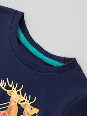 Dark navy cotton tee with reindeer graphic and teal neck trim.