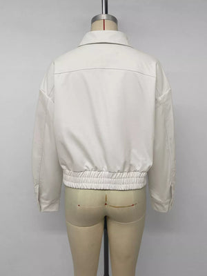 Cropped Faux Leather Jacket in White, fit detail
