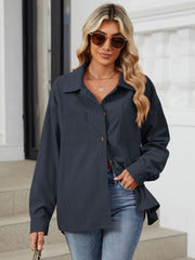 Dark Navy corduroy overshirt with buttoned chest pockets and a relaxed fit.
