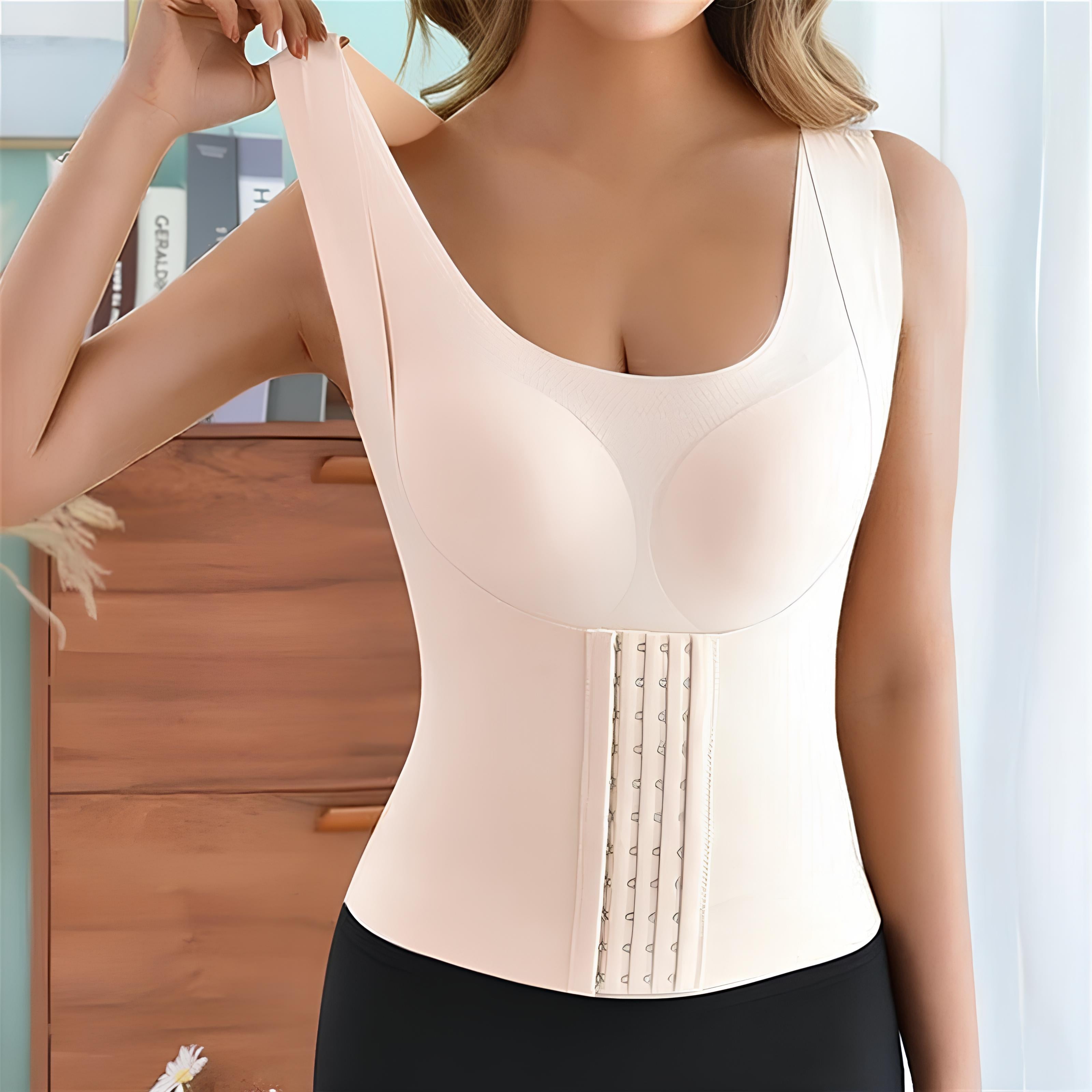 Apricot sculpting hook-and-eye bodice tank top with built-in cups and a wide waistband.