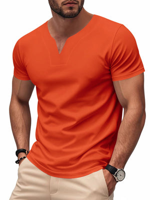Orange cotton t-shirt with notched V-neck and short sleeves.
