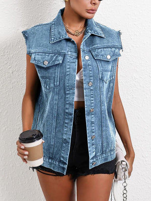 Medium wash denim vest with raw edges, collared neckline, button front, and chest pockets.