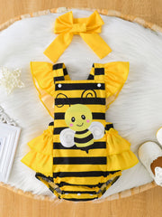 Baby bee striped ruffle bodysuit dress with matching yellow bow headband.
