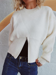 White knit sweater with zip-front detail and ribbed hemline