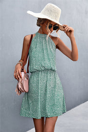 Yellow Green floral halter neck mini dress with elastic waist