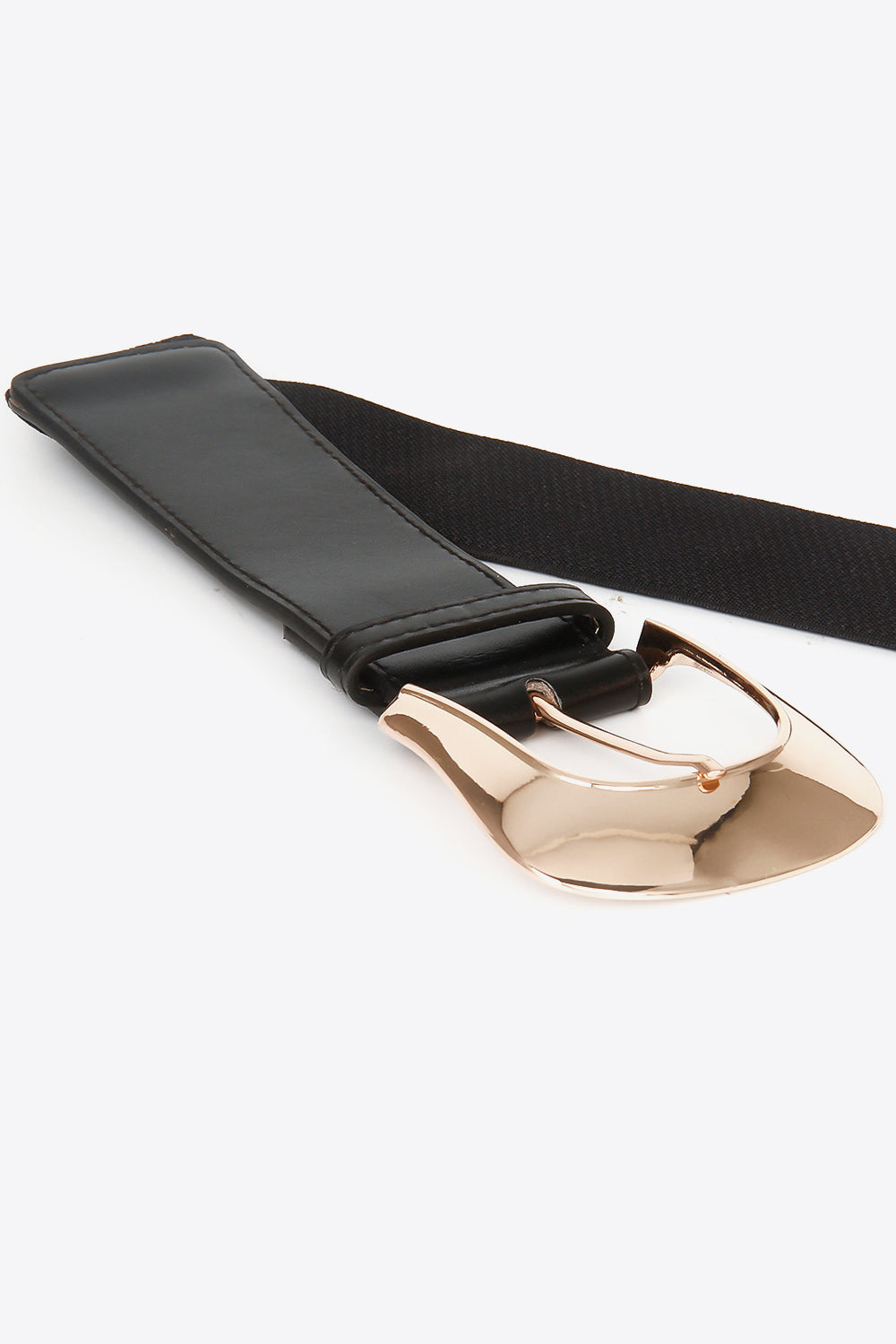 Black leather belt with a sculpted gold-tone alloy buckle and elastic back strap.