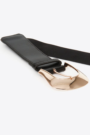 Black leather belt with a sculpted gold-tone alloy buckle and elastic back strap.