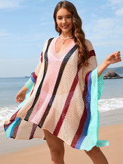 Striped mesh kimono cover-up with V-neck and wide sleeves in multi-color stripes.