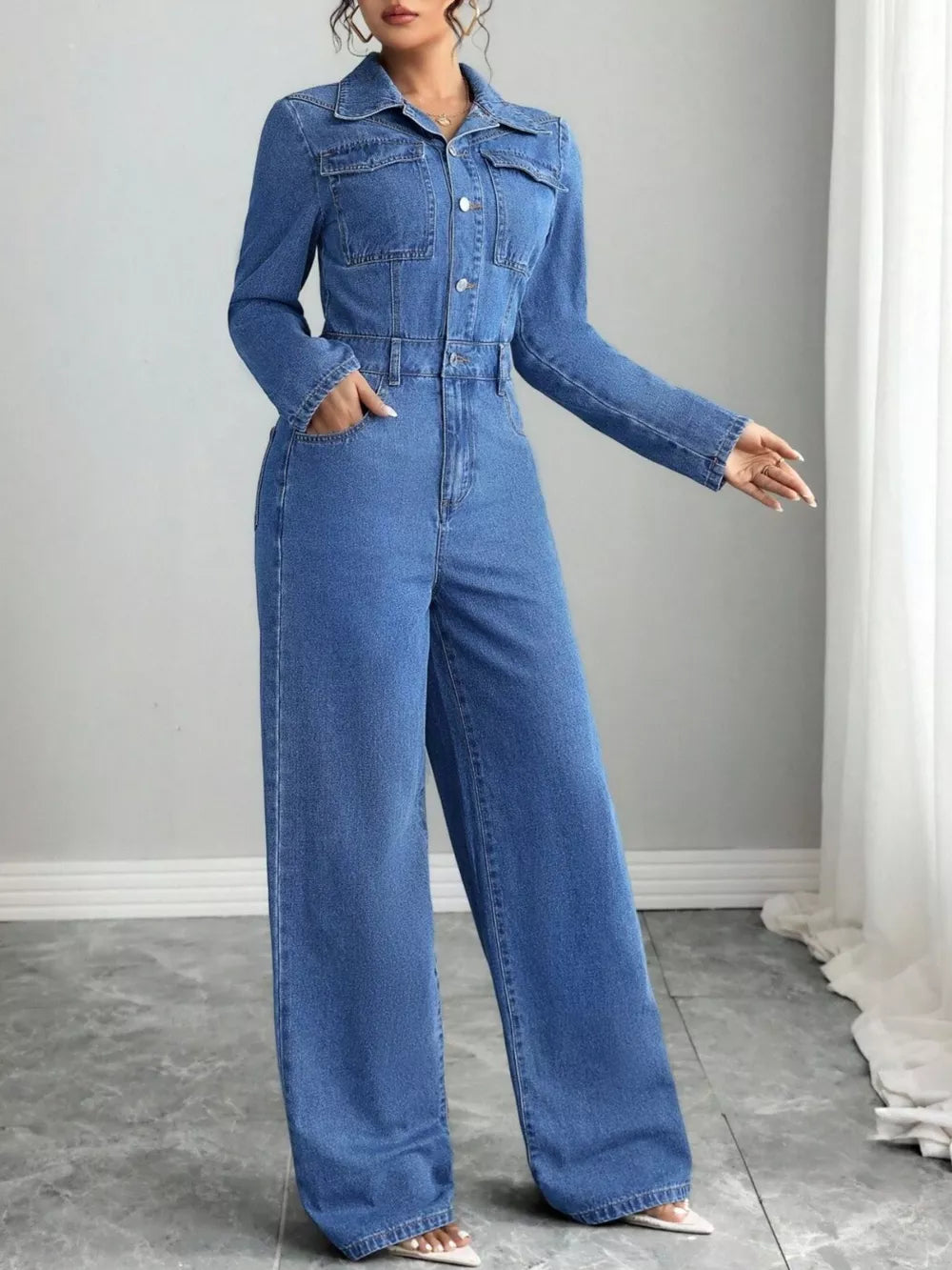 Button Front Long Sleeve Denim Jumpsuit, model styling view