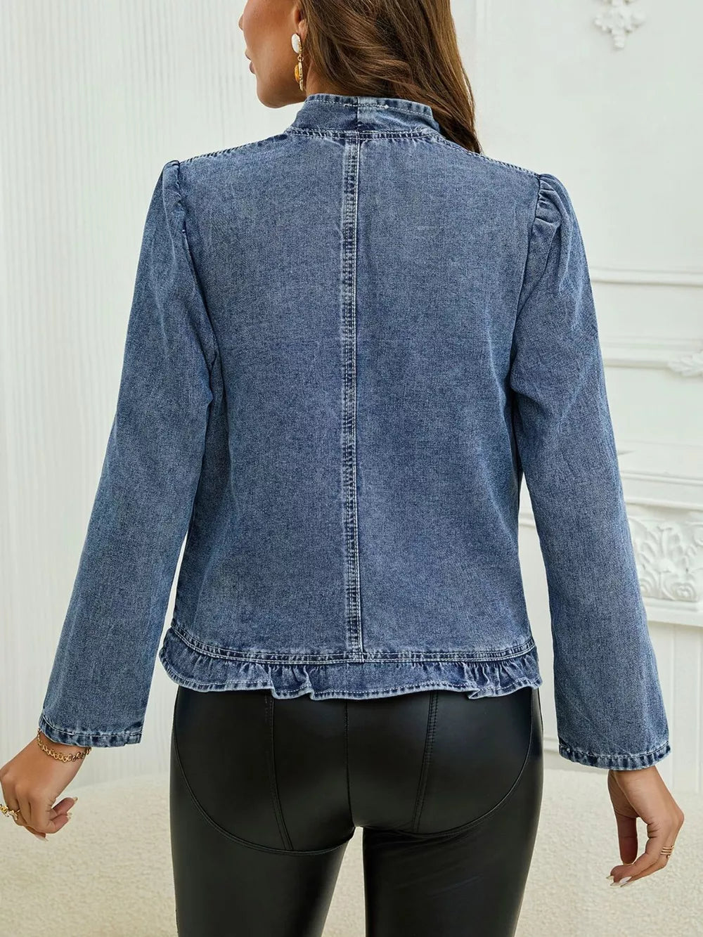 Open Front Ruffled Denim Jacket in Medium, close-up detail
