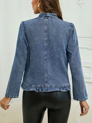 Open Front Ruffled Denim Jacket in Medium, close-up detail