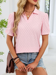 Pink eyelet ruched short sleeve blouse with a collared neckline.