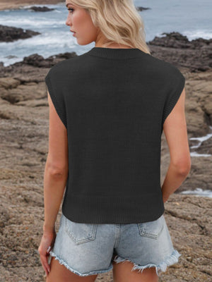 Black knit V-neck sleeveless sweater top with ribbed hem and cuffs.