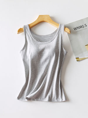 Gray built-in support tank top with a scoop neckline and a casual fit.