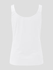 White ribbed tank top with scoop neck and lace inset detail.