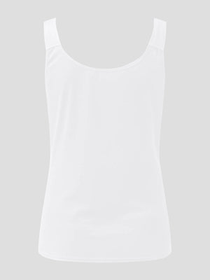 White ribbed tank top with scoop neck and lace inset detail.