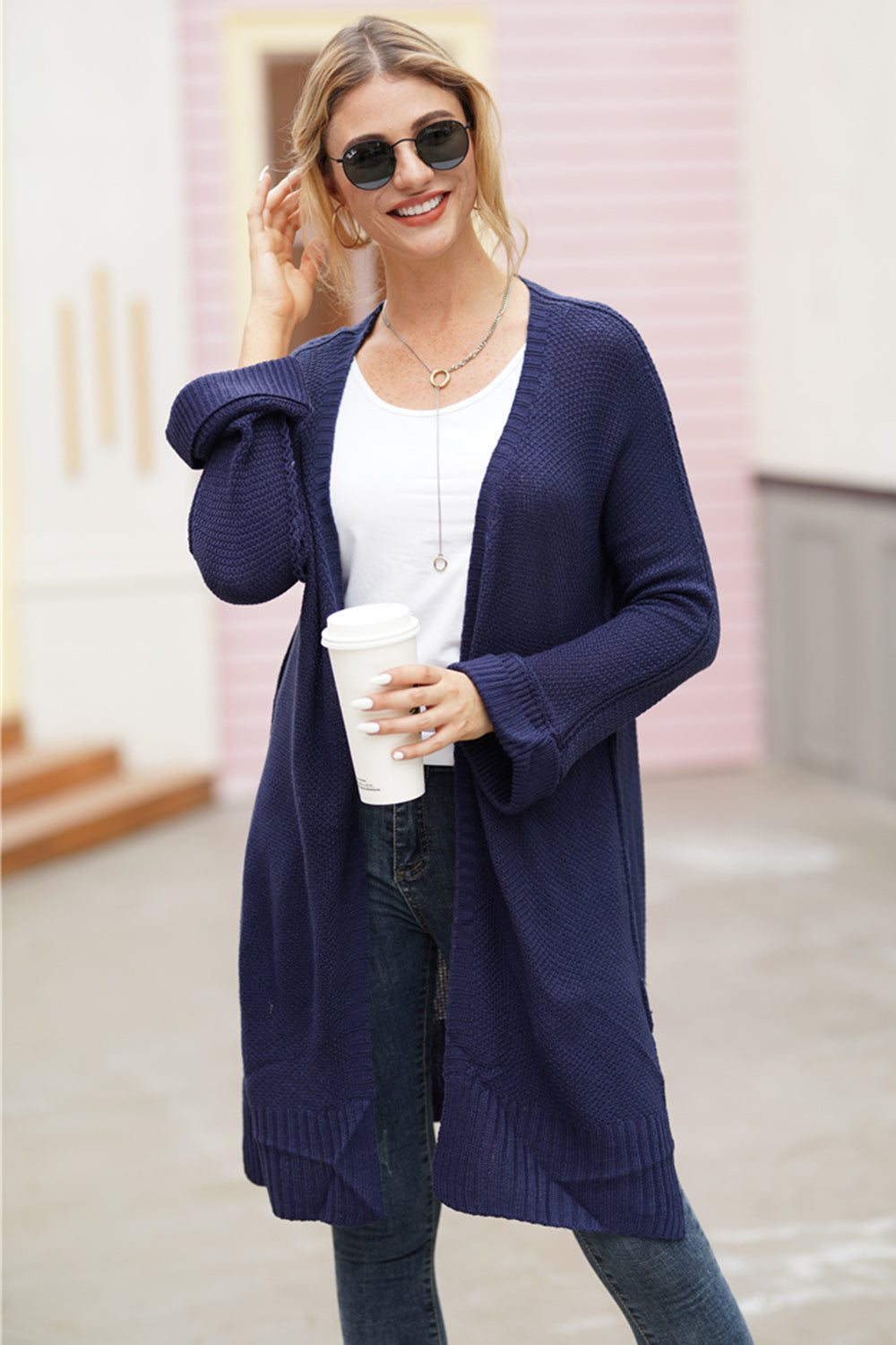Dark Blue textured open-front maxi knit cardigan with ribbed cuffs and hem.