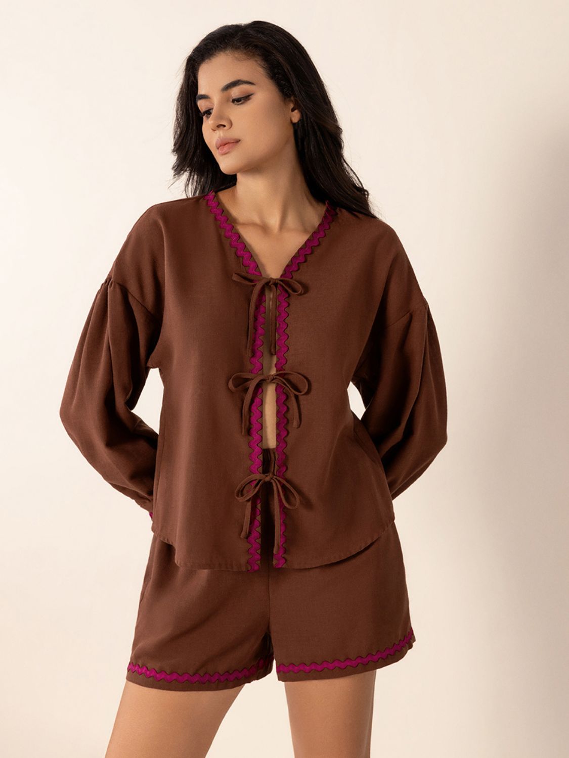 Brown linen tie-front pajama set with scallop trim and balloon sleeves