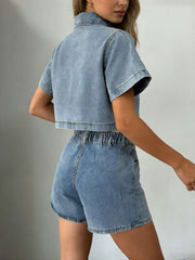 Cropped denim button-down top and mini skort set in light or medium cotton blend.