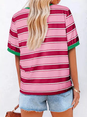 Striped crew neck tee in pink and maroon with green trim.