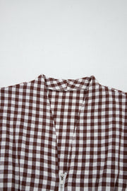Gingham zip-front midi dress in taupe cotton with a V-neckline.