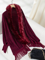 Burgundy leopard print acrylic cardigan with faux fur trim and fringe detail