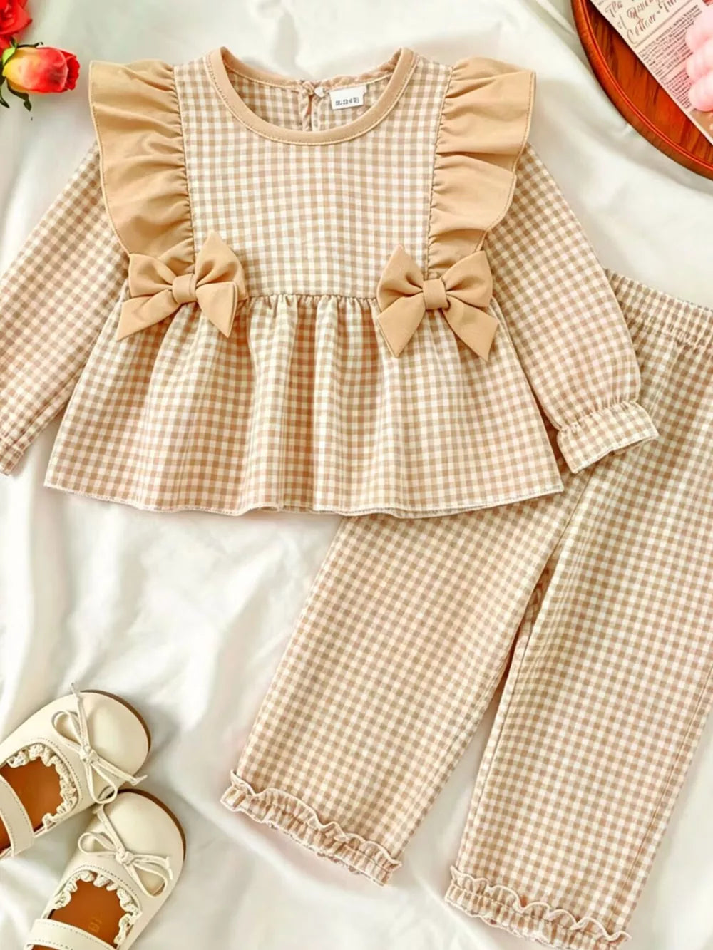 Children's Ruffled Plaid Top And Pants Set in Light Yellow, alternate angle