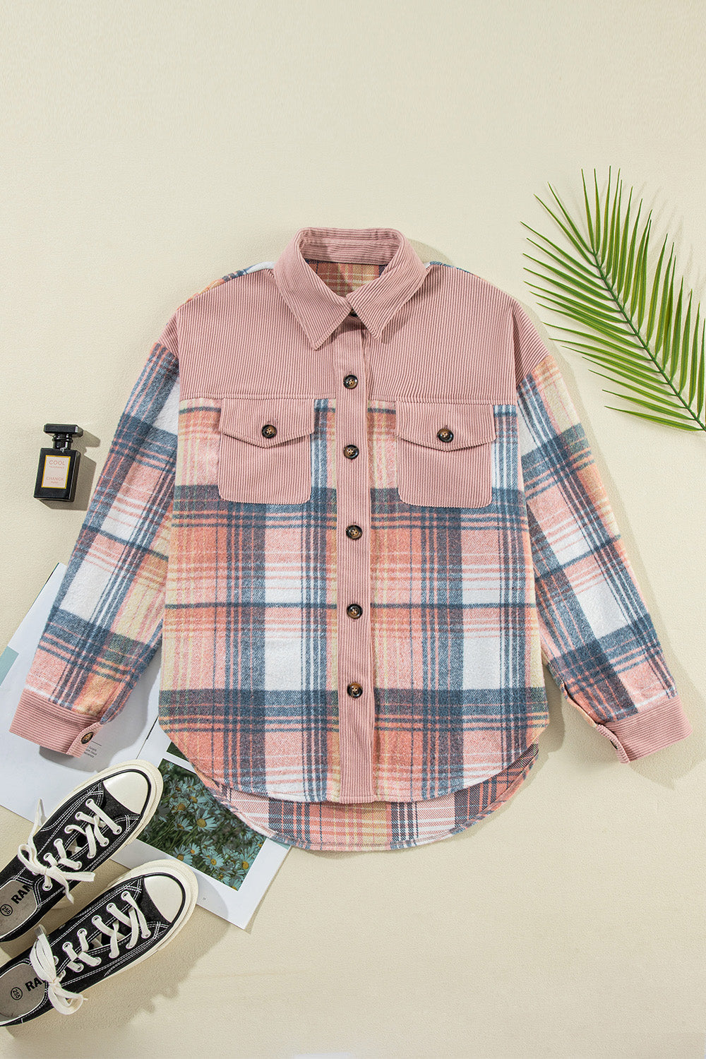 Colorblock plaid shacket in pale blush and brown with corduroy details and button front.