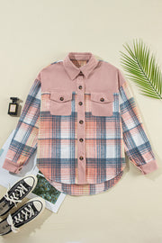 Colorblock plaid shacket in pale blush and brown with corduroy details and button front.