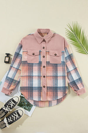 Colorblock plaid shacket in pale blush and brown with corduroy details and button front.