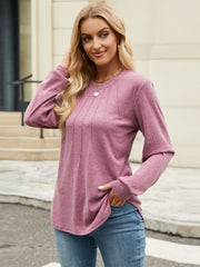 Crew neck long sleeve top in Moonlit Mauve with vertical seam detail