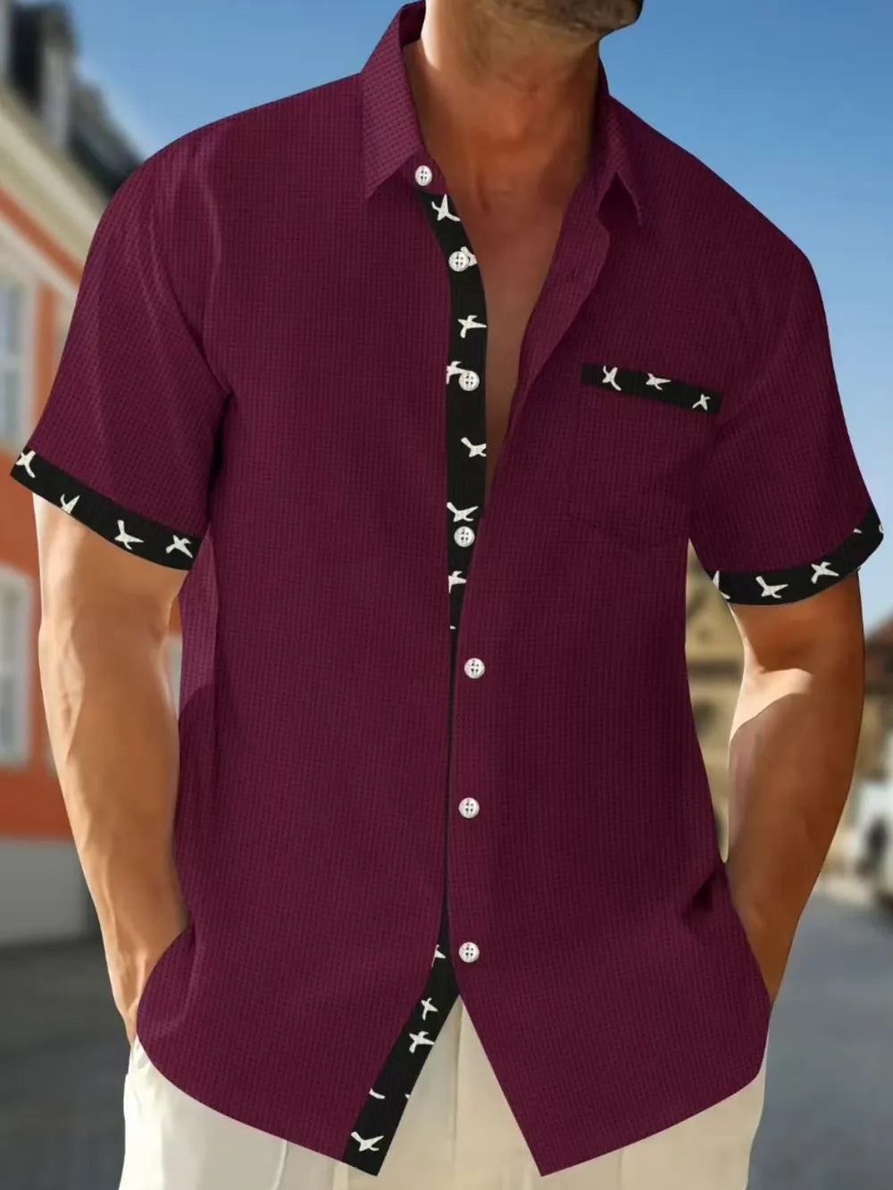 Burgundy waffle weave short sleeve shirt with airplane print contrast trim