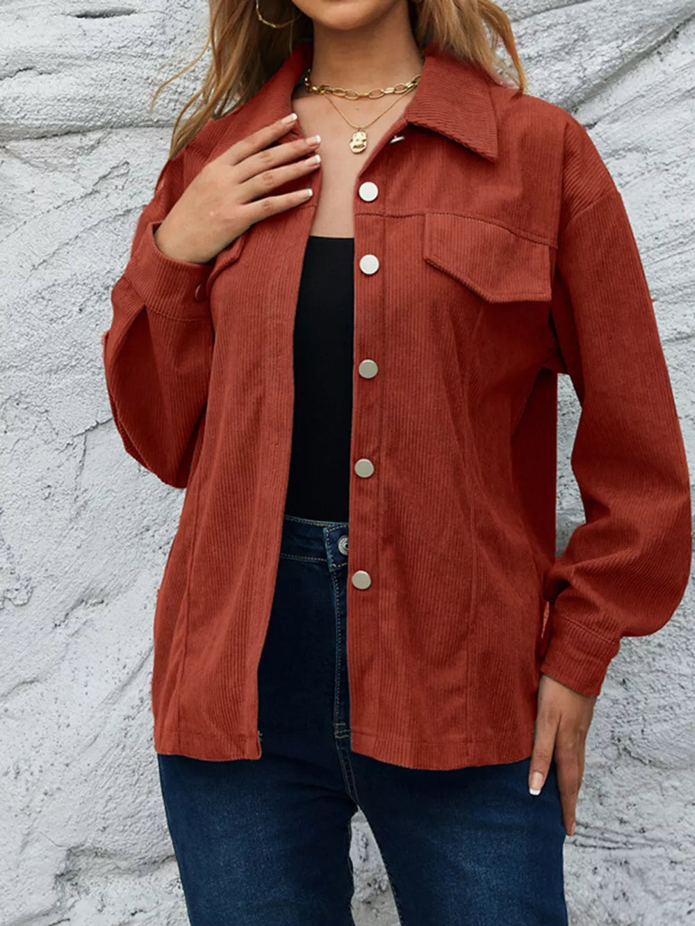 Corduroy Button-down Shirt With Chest Pockets in Moss, side view