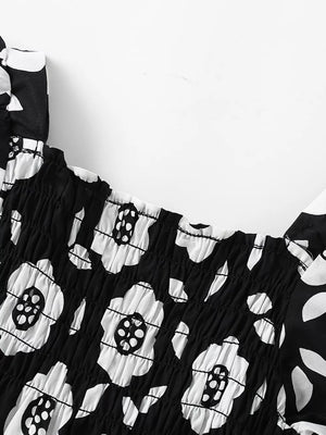 Children's Floral Print Square Neck Puff Sleeve Dress, close-up detail