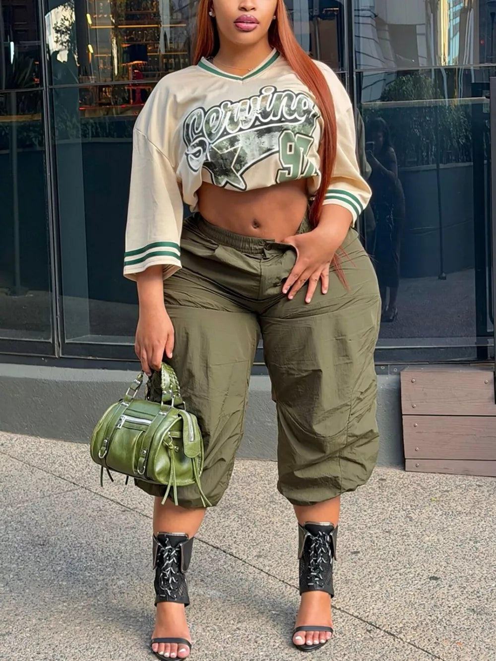 Baggy Cargo Cropped Pants in Army Green, side view