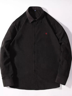 Black casual button-up shirt with red embroidered logo on chest.