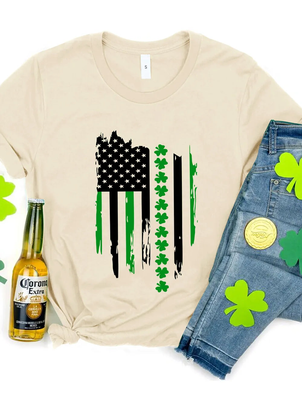 Light Yellow Shamrock Flag Graphic Tee with distressed American flag and shamrock details.