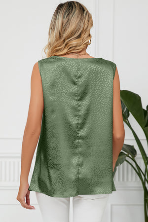Matcha green jacquard tank top with drape neckline and sleeveless cut.