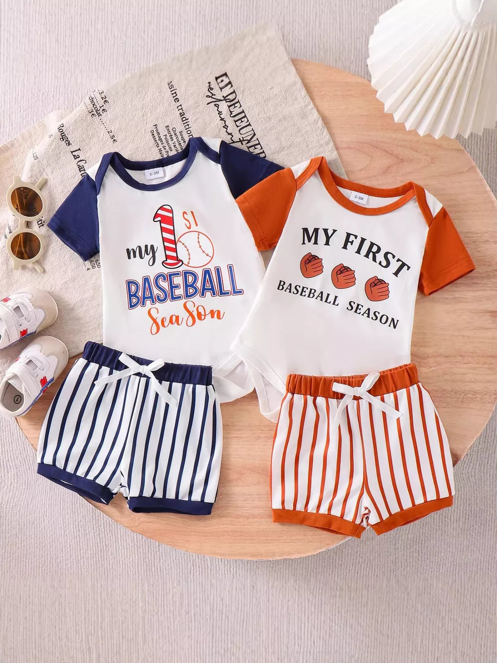 Children's My First Baseball Season Bodysuit Set in Light Brown, front view